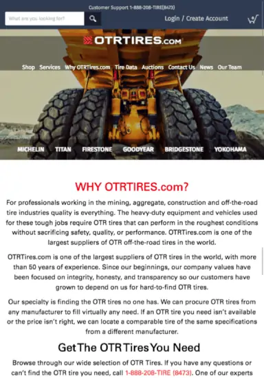 Tablet screenshot of OTR Tires