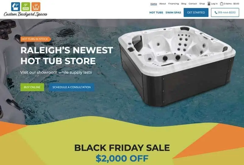 Desktop screenshot of WordPress Development for a Hot Tub Company in Raleigh