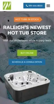 Mobile screenshot of Mobile website design for a Hot Tub Company in Raleigh